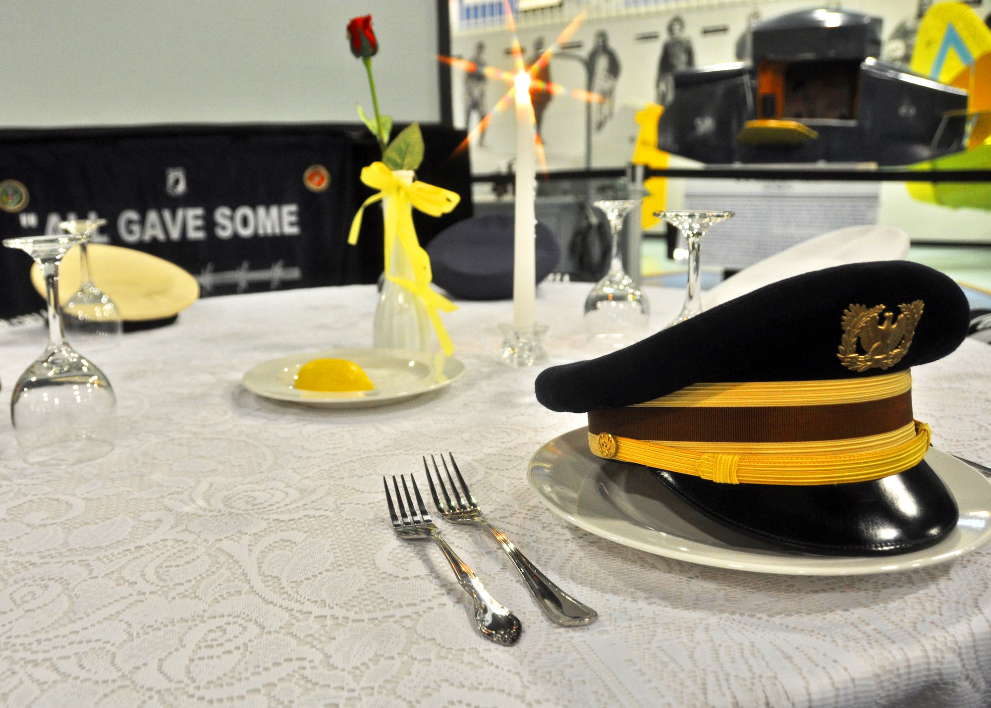 The missing-man table represents the lost and fallen servicemembers who were honored although absent because they are still missing in action.  This year’s POW/MIA remembrance ceremony was hosted by the 96th Air Base Wing and featured guest speakers, honor guard procedures and a flyover by the 46th Test Wing.  (U.S. Air Force photo/Samuel King Jr.)