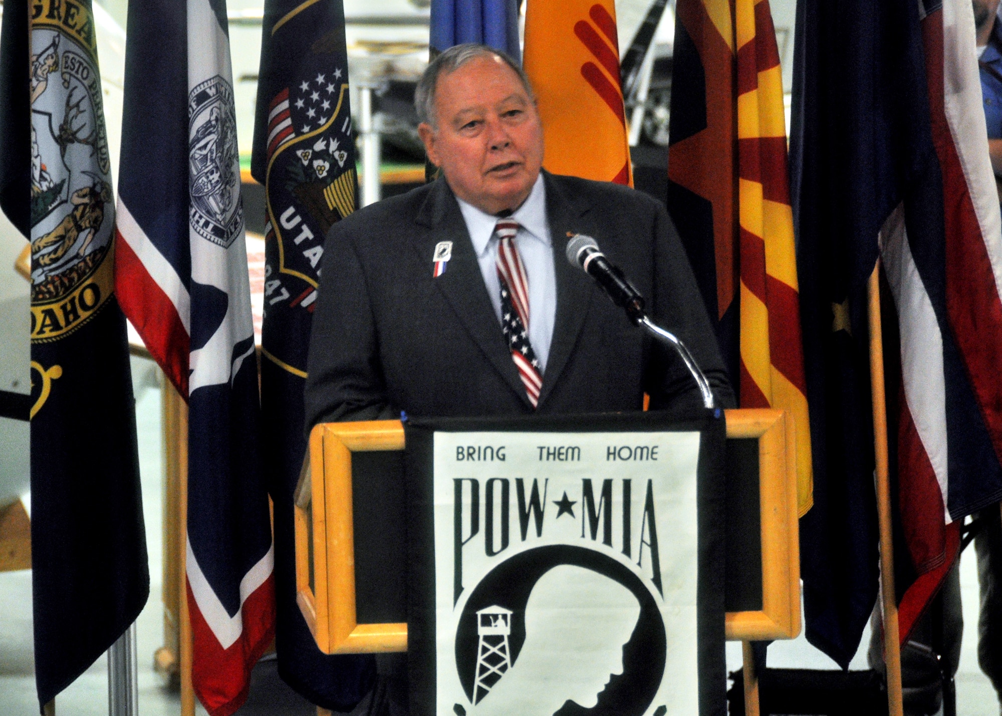 Guest speaker Howard Hill, former POW in Vietnam, spoke to the crowd about his experiences during the POW/MIA ceremony Sept. 17 at the Air Armament Museum.  The ceremony paid tribute to those military members who have yet to return home from defending America.  The event was hosted by the 96th Air Base Wing and featured guest speakers, honor guard procedures and a flyover by the 46th Test Wing.  (U.S. Air Force photo/Samuel King Jr.)