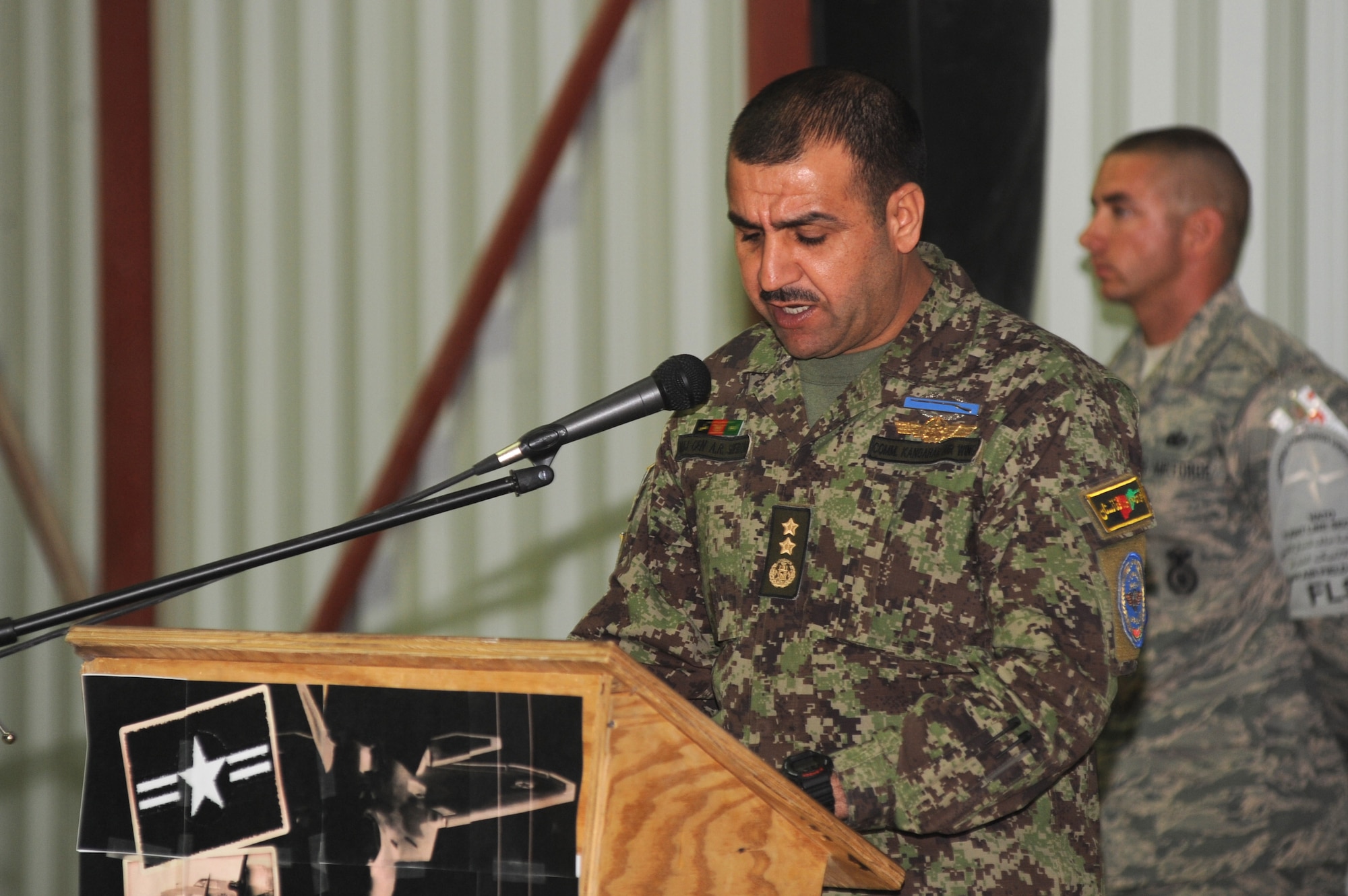Maj. Gen. Raziq Sherzai, Kandahar Air Wing commander, addresses Airmen during the U.S. Air Force’s 63rd birthday celebration, Sept. 19, 2010, at Kandahar Airfield, Afghanistan.  The Kandahar Air Wing hosted the 451st Air Expeditionary Wing and the 738th Air Expeditionary Advisory Group for a traditional meal and social event to commemorate the establishment of the U.S. Air Force. (U.S. Air Force photo by Tech. Sgt. Chad Chisholm/Released)