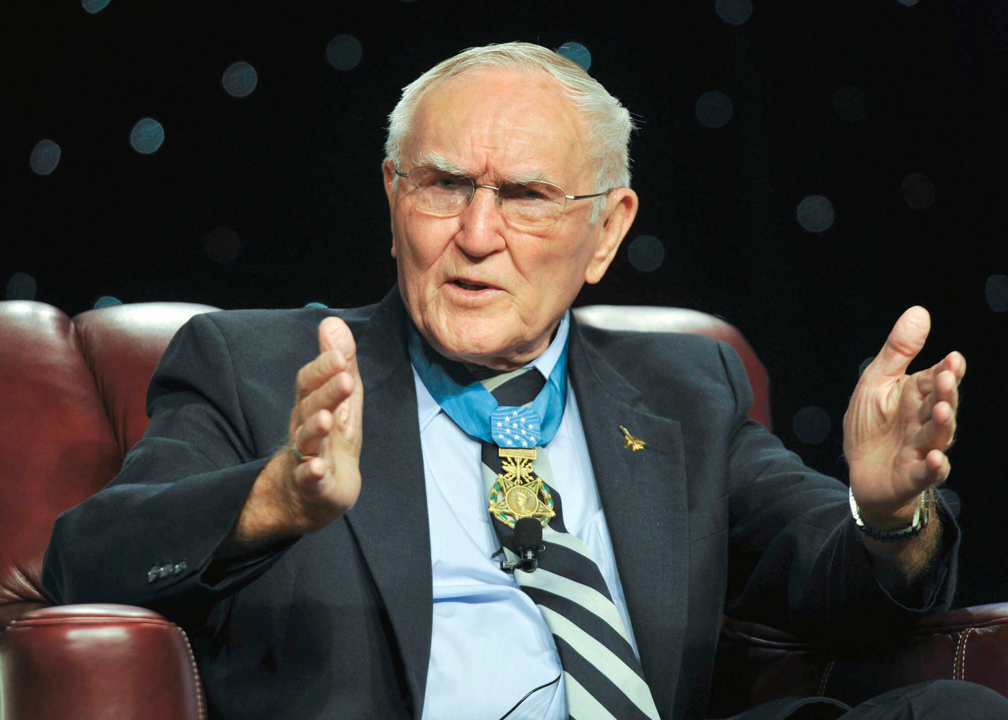 Retired Col. George Day, a Medal of Honor recipient, participates in a question and answer session Sept. 15, 2010, at the Air Force Association annual Air and Space Conference and Technology Exposition at National Harbor, in Oxon Hill, Md. Colonel Day spent nearly six years as a prisoner of war in Vietnam. After his release and retirement from the Air Force, Colonel Day, also a practicing attorney, successfully led the legal battle to protect medical benefits for all retired servicemembers. (U.S. Air Force photo/Michael J. Pausic)