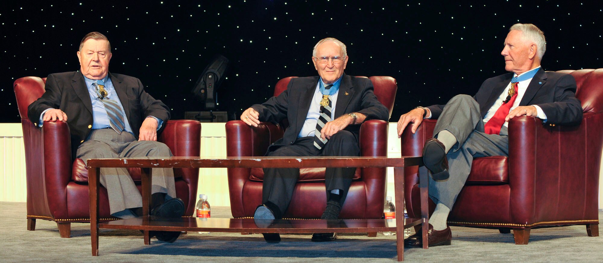 (Left to right) Retired Col. Joe Jackson, retired Col. George Day and retired Col. Leo Thorsness participated in a question and answer session Sept. 15, 2010, at the Air Force Association annual Air and Space Conference and Technology Exposition at National Harbor, in Oxon Hill, Md. All three men received the Medal of Honor for exceptional bravery while in combat actions during the Vietnam War. (U.S. Air Force photo/Michael J. Pausic)