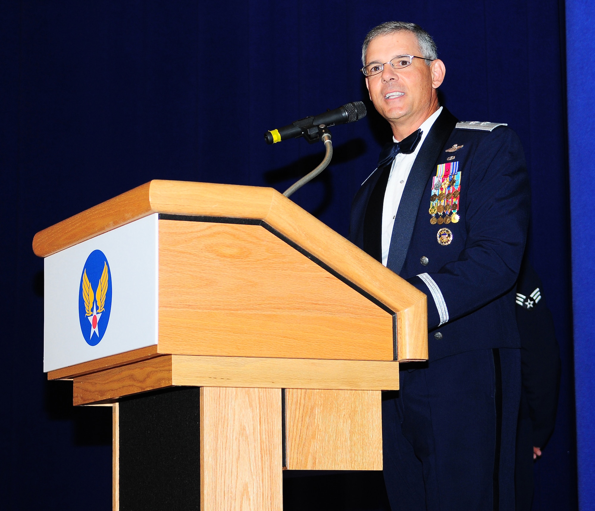 YOKOTA AIR BASE, Japan -- Fifth Air Force Vice Commander Maj. Gen. Sam Angelella greets the crowd and delivers his speech as the guest speaker at Yokota's Air Force Ball here Sept. 18.  (U.S. Air Force photo by Staff Sgt Stacy Moless)