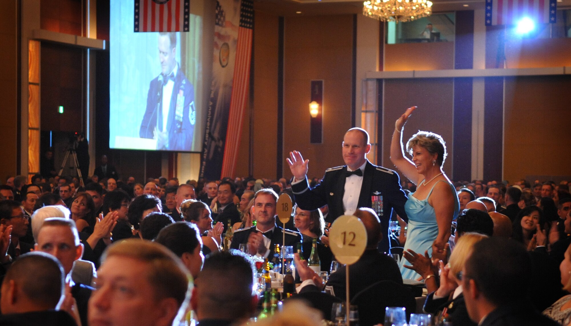Col. Patrick Malackowski, 51st Fighter Wing Commander, and wife Carol Malackowski, are introduced during an Air Force Ball at Lotte World Hotel in Seoul, Republic of Korea Sept. 18. This year marked the 63rd Anniversary for the U.S. Air Force. The birthday celebration included social hour, presentation of colors, dinner, ceremonial cake cutting, and a reception. (U.S. Air Force photo/Senior Airman Evelyn Chavez)