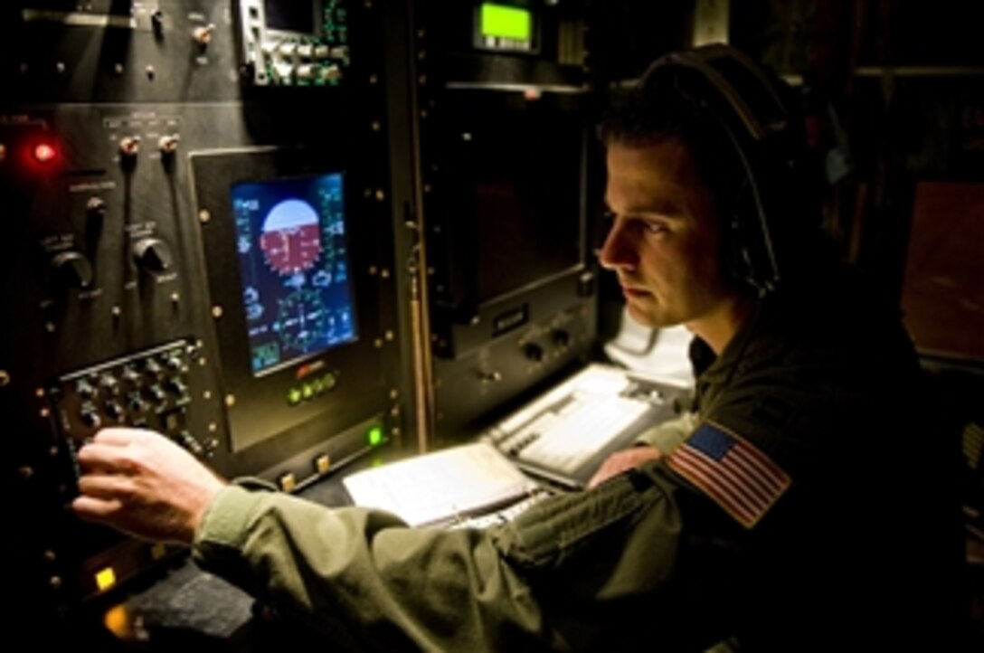 U.S. Air Force Capt. Douglas Gautrau, a WC-130J Hercules aircraft flight meteorologist assigned to the 53rd Weather Reconnaissance Squadron, part of the Air Force Reserve Command, adjusts his instrument panel before a mission to collect data from Hurricane Igor on the island of St. Croix, U.S. Virgin Islands, on Sept. 17, 2010.  The 403rd Wing deployed three WC-130Js from the 53rd Weather Reconnaissance Squadron to St. Croix to collect data on Hurricane Igor in the Caribbean.  Known as the Hurricane Hunters the 53rd Weather Reconnaissance Squadron's mission is to provide surveillance of tropical storms and hurricanes in the Atlantic Ocean, the Caribbean Sea, the Gulf of Mexico and the central Pacific Ocean for the National Hurricane Center in Miami.  