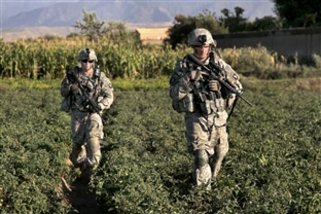 U.S. soldiers conduct a patrol in support of Afghan elections after encountering small-arms fire in the Khogyani district of the Nangarhar province of Afghanistan,  Sept. 18, 2010. The soldiers are assigned to the 161st Cavalry Regiment's Company C.
