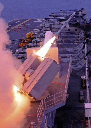 The forward-deployed amphibious assault ship USS Essex (LHD 2) launches a RIM-7P Sea Sparrow missile from the ship's forward missile launcher during a live-fire missile exercise while under way in the Philippine Sea Sept. 21, 2010. The Essex Amphibious Ready Group is participating in Valiant Shield 2010, a joint U.S. military exercise in the western Pacific Ocean.