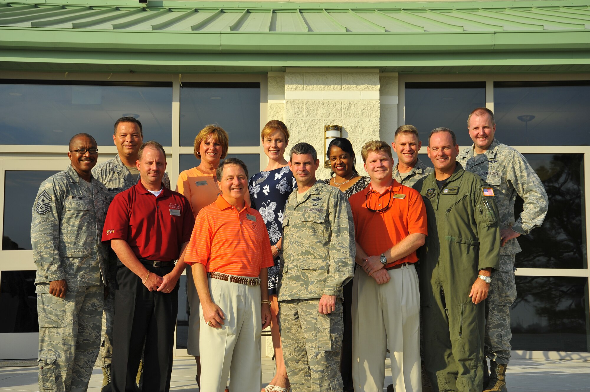 The 2010-2011 Hurlburt Field honorary commanders assumed command during a banquet at the Soundside Club at Hurlburt Field, Fla., Sept. 17, 2010. Here, the honorary commanders stand with their active-duty counterparts. (Front row-left to right) Chief Master Sgt. Dexter Mitchell, 1st Special Operations Wing command chief, Phillip Smith, Retail Store Director, Publix Supermarkets (1st SOW Command Chief,) Fred Schinz, President, Tiforp Development Corp. (1st SOW,) Col. Michael Plehn, 1st SOW commander, Blake Webster, Owner/Operator, Moe’s Southwest Grill (1st Special Operations Group,) and Lt. Col. William Wolfe, 1st SOG deputy commander. (Back row-left to right) Col. Robert Miglionico, 1st Special Operations Maintenance Group commander, Karen McCarthy, Associate Vice President, Florida Ops for Army Aviation Center Federal Credit Union, (1st SOMXG,) Kathleen Sharon, Commercial Lender, Coastal Bank & Trust of Florida (1st SOW Chaplain,) Elaine Anderson, No Child Left Behind Curriculum Specialist, Okaloosa County School District, (1st Special Operations Mission Support Group,) Col. Curt Van de Walle, 1st SOMSG commander, and Col. Dale Agner, 1st Special Operations Medical Group commander. (DoD photo by U.S. Air Force Senior Airman Shelia deVera) (RELEASED)