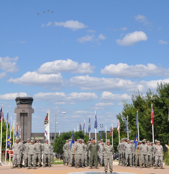 LAUGHLIN AIR FORCE BASE, Texas – A formation of Airmen commanded by Col. Bruce Peters, 47th Medical Group commander, waits to take part in a retreat ceremony at Heritage Park here Sept. 17 as four T-38 Talon aircraft perform a flyover. The ceremony was part of Laughlin’s POW/MIA day activities, which also included a luncheon at Club XL and a roundtable panel with four Vietnam veterans at Anderson Hall. (U.S. Air Force photo by Airman 1st Class Blake Mize)