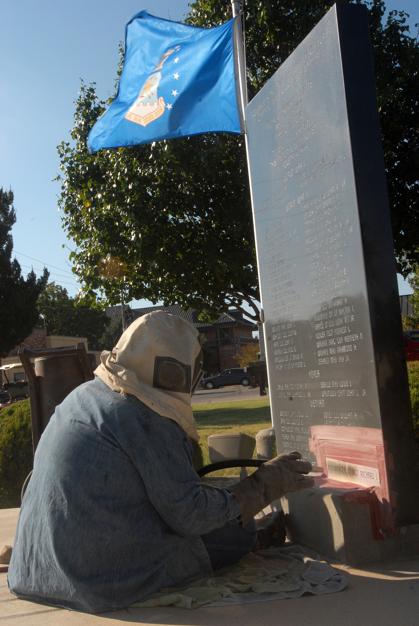 GOODFELLOW AIR FORCE BASE, Texas -The name of Chief Master Sgt. Richard “Dick” Etchberger is sandblasted into the POW/MIA Memorial here Sept. 16.  Chief Etchberger was posthumously awarded the Medal of Honor for his action on March 11, 1968, when he single-handedly held off an enemy attack on Mount Phou Pha Thia at Lima Site 85 only to be fatally wounded as he was being evacuated.  President Barak Obama presented the Medal of Honor to Chief Etchberger’s family Sept. 21 at the White House. (U.S. Air Force photo/Master Sgt. Randy Mallard)