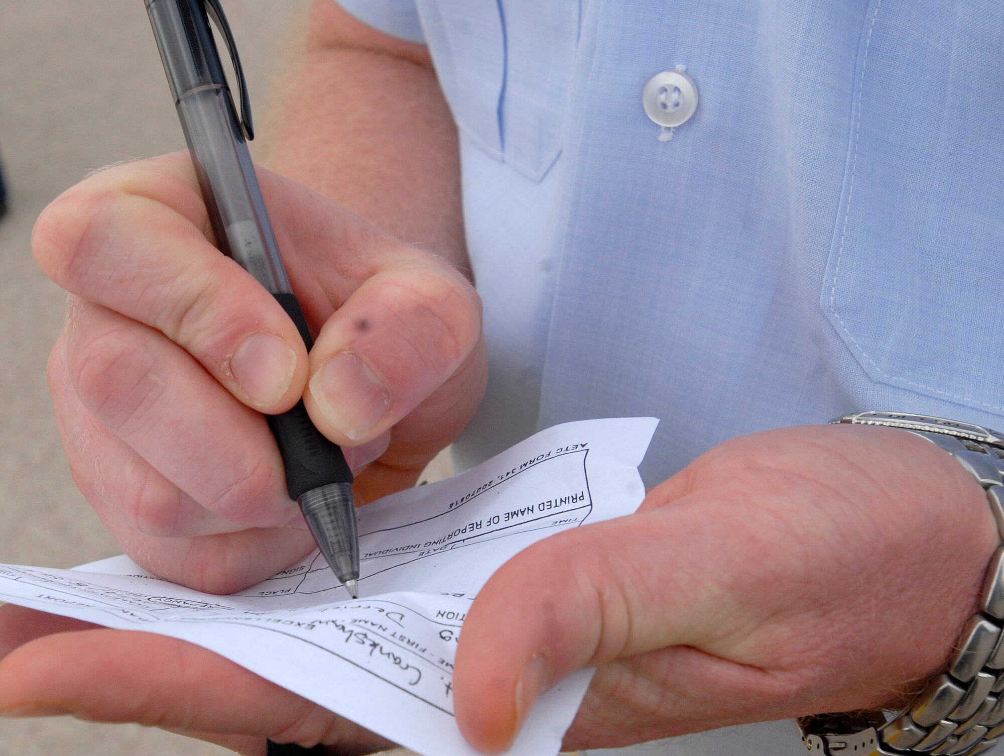 GOODFELLOW AIR FORCE BASE, Texas - Tech. Sgt. David Alonso, 315th Training Squadron Military Training Leader, writes down a discrepancy on an Air Education and Training Command Form 341 Sept 20. The AETC Form 341, known as a 341, is issued to recognize exceptional performance or discrepancies.  MTL’s are a key part of an Airman’s military training. The AETC Special Duty Team visited Goodfellow Tuesday and spoke about special duty an Air Force Recruiter, Military Training Instructor and Military Training Leader.  Air Force members who may have missed the team’s visit can contact Master Sgt. Kenneth Guise at (325) 654-3589, or stop by building 901 for more information. (U.S. Air Force photo/Master Sgt. Randy Mallard)
