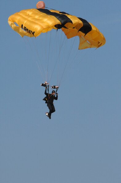 WHITEMAN AIR FORCE BASE, Mo. - Sgt. Chris Clark, U.S. Army Demonstration Team, Golden Knights, lines up for touch-down during the Wings Over Whiteman Air Show and Open House, Sept. 19. (U.S. Air Force photo by Senior Airman Carlin Leslie)
