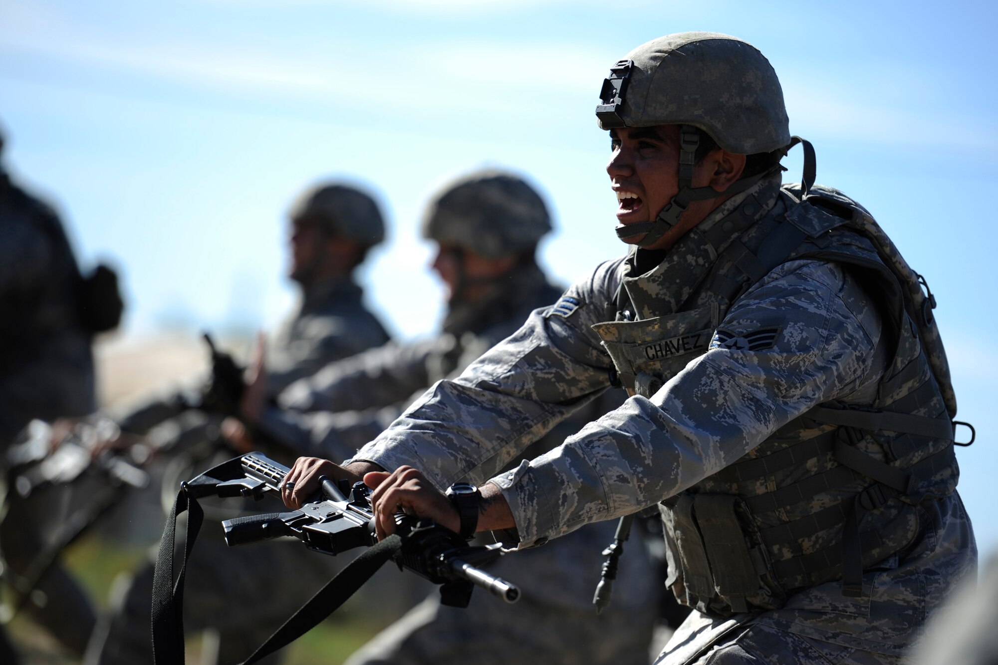 Senior Airman Adrian Chavel, a patrolman with the 75th Security Forces Squadron, practices rifle fighting techniques during Security Forces Combat Readiness Training at Hill Air Force Base, Utah on Sept. 13, 2010. The CRT course is used to provide airman with the basic skills needed to deploy to include tactical movements, land navigation, and self aid buddy care. (U.S. Air Force photo by Staff Sgt. Renae Saylock) 