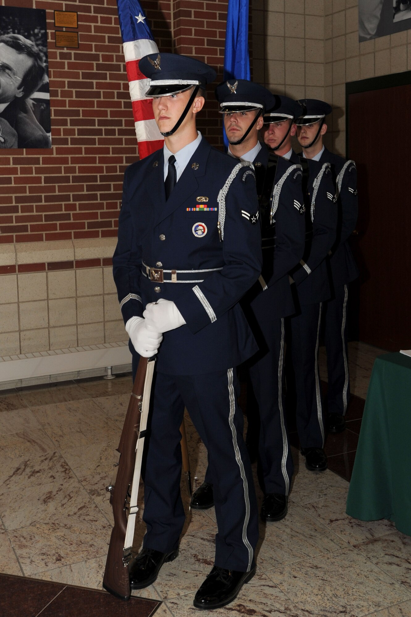 Grand Forks Air Force Base Honor Guard members prepare to present the flags during the Grand Forks AFB Air Force Ball Sept. 17 at the Ralph Englestad Arena in Grand Forks, N.D. The United States Air Force ended a 40-year association with the United States Army when President Harry S. Truman signed the National Security Act of 1947; Sept. 18, 2010, marked the 63rd Anniversary of the U.S. Air Force. (U.S. Air Force photo by Staff Sgt. Suellyn Nuckolls)
