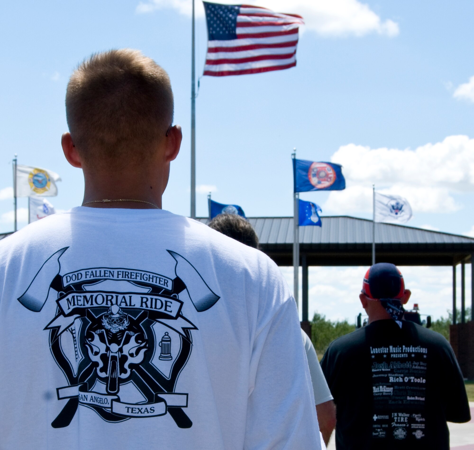 GOODFELLOW AIR FORCE BASE, Texas – More than 100 people, including 80 motorcyclists, gathered at the Firefighter Memorial on base to show homage Sept. 18. The group was part of the Fifth Annual Department of Defense Fallen Firefighter Memorial Ride, honoring DOD firefighters who gave the ultimate sacrifice in the line of duty. (U.S. Air Force photo/ Senior Airman Tong Duong)