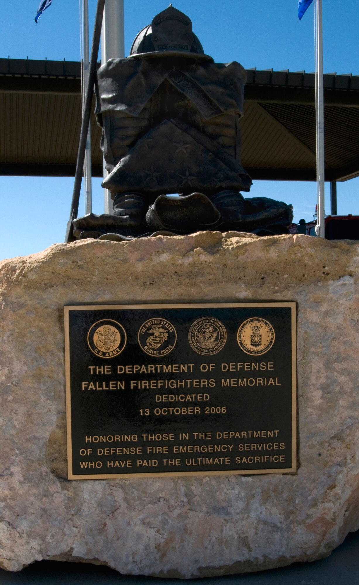 GOODFELLOW AIR FORCE BASE, Texas – The Department of Defense dedicated a memorial here honoring all fallen firefighters in the DOD Fire Emergency Service  2006. Today, there are 14 vehicles: 0-11, P-2, P-4, P-15, 0-6, Ansul Dry Chemical Fire Jeep, P-12 Telesquirt, International Pumper, 530b, R-2, Iveco Magirus Ladder Truck, 2500l Macy, 1942 Ford pumper, 1941 Mack 0-4 and a HH-43 Pedro Helicopter. (U.S. Air Force photo/ Senior Airman Tong Duong)