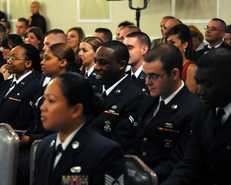 RAF ALCONBURY, United Kingdom - Airmen from the 501st Combat Support Wing, Joint Analysis Center and Africa Command listen to Lt. Gen. Carroll F. Pollett, Director of the Defense Information Systems Agency, Sept. 17 at the Air Force Ball here. (U.S. Air Force photo by Staff Sgt. Joel Mease)