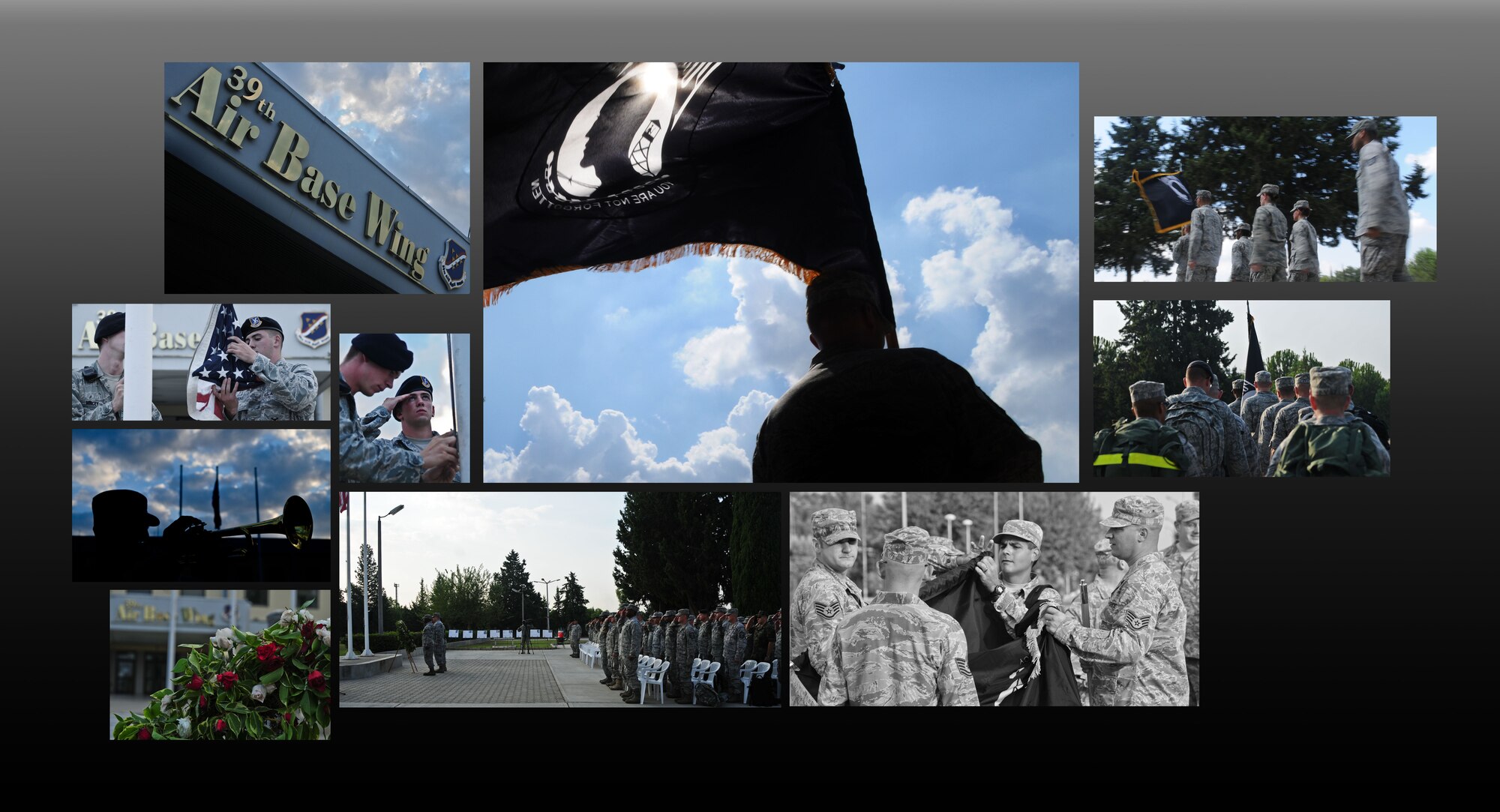 Airmen attend an early morning prisoners of war/missing in action wreath laying ceremony Sept. 17, 2010 at Incirlik Air Base, Turkey.  Airmen from around the base participated in remembrance events honoring American servicemembers who have been prisoners of war, as well as those who are listed as missing in action. Following the wreath ceremony, formations of Airmen carrying ruck sacks marched in one hour intervals displaying a POW/MIA flag to honor the fallen. (U.S. Air Force Photo by Senior Airman Alexandre Montes/Released)