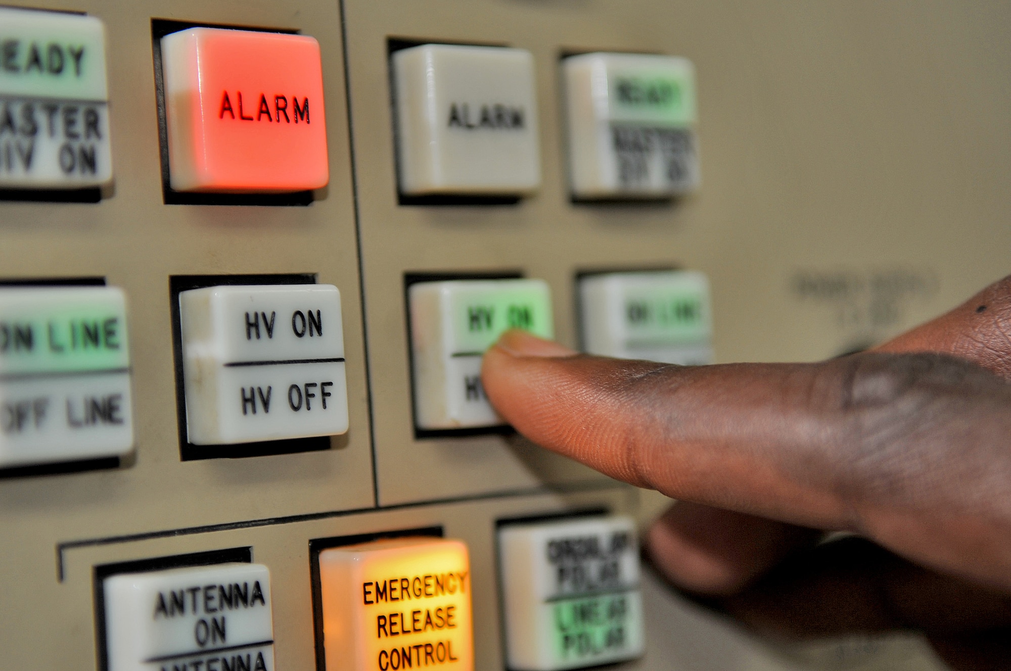 SPANGDAHLEM AIR BASE, Germany – A ground radar systems journeyman with the 52nd Communications Squadron, turns on a radar system Sept. 9. The system uses 36,000 volts of electricity providing radar support for air traffic controllers to monitor aircraft. (U.S. Air Force photo/Airman 1st Class Nick Wilson)