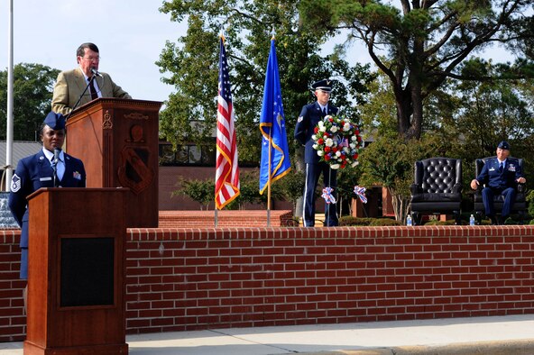 SEYMOUR JOHNSON AIR FORCE BASE, N.C. -- Retired Col. Jack Van Loan shares his experiences as a prisoner of war during the 4th Fighter Wing POW/MIA Recognition Ceremony here Sept. 17, 2010. Colonel Van Loan, who spent six years as a POW during the Vietnam War, served as the guest speaker addressing members of the Seymour Johnson community and former POWs and their family members from the Goldsboro area. (U.S. Air Force photo/Tech. Sgt. Tammie Moore)