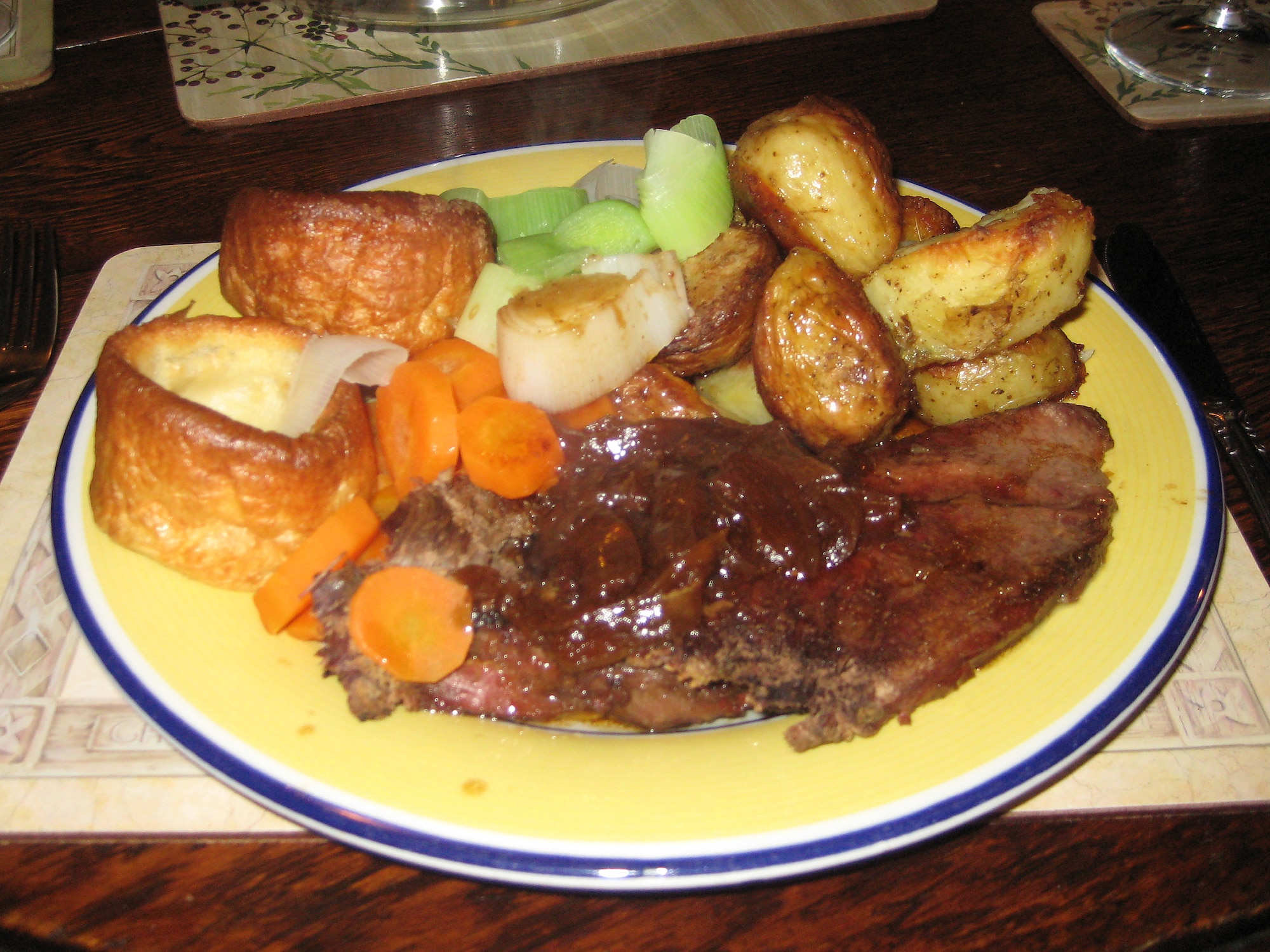 The Sunday roast dinner is still a tradition in many British families, when they all sit down together to eat a veritable feast of roasted meat served with roast potatoes, vegetables and all the trimmings.The more popular roasts are often served with traditional accompaniments. Roast beef is generally served with Yorkshire pudding and horseradish sauce or English mustard as relishes. Roast pork is served with crackling (the crispy skin of the pork), stuffing, apple sauce and English mustard. You should eat your roast lamb with mint sauce and roast chicken with stuffing and bread sauce. There are regional variations to all of these.

Any self-respecting Sunday roast should also be accompanied by gravy made from the meat juices. (U.S. Air Force photo by Suzanne Harper)

