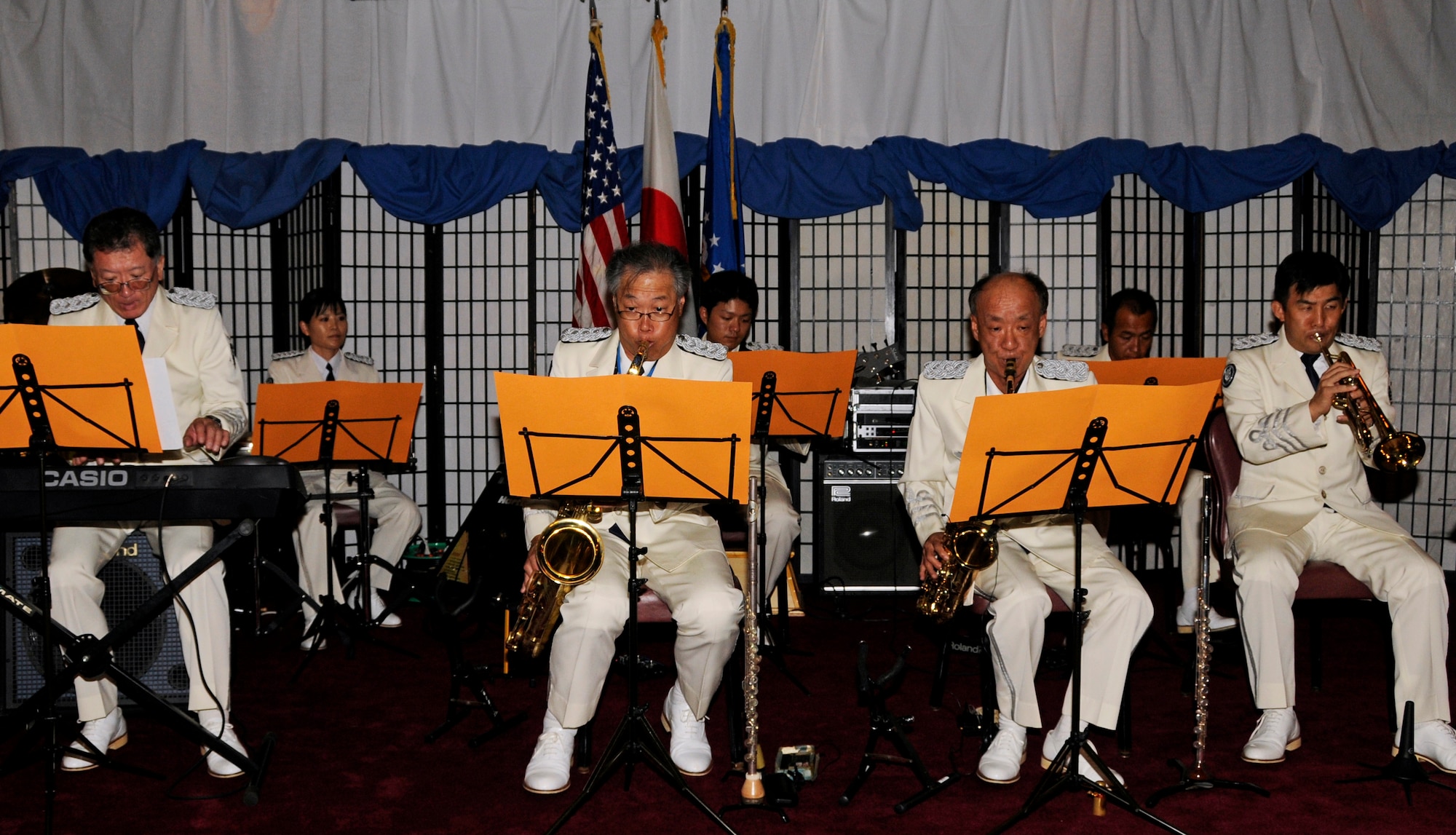 Members of the Japan Air Self Defense Force Southwest Air Band perform at the Officer's Club during the Air Force Ball Sept.18. Hundreds of servicemembers, families and local residents celebrated the Air Force's 63rd birthday at simultaneous events at the Rocker NCO Club and the Officer's Club.(U.S. Air Force photo/Airman 1st Class Jarvie Z. Wallace)