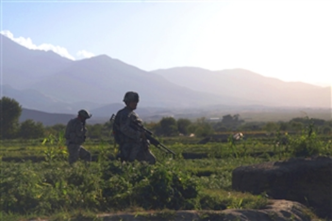 U.S. soldiers patrol the Khogyani district of the Nangarhar province, Afghanistan, in support of Afghan elections after encountering small-arms fire, Sept. 18, 2010. The soldiers are assigned to Company C, 161st Cavalry Regiment.