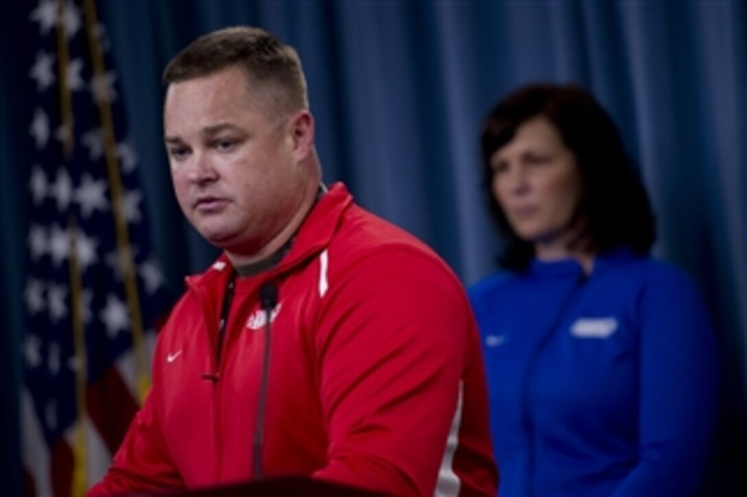 U.S. Marine Corps Master Sgt. William "Spanky" Gibson addresses the media announcing the 2nd annual Warrior Games to be held in Colorado Springs, Colo., in May 2011 in the Pentagon on Sept. 20, 2010.  Gibson lost his left leg after being shot in the knee by a sniper in Ramadi, Iraq, in May 2006 is still an active duty Marine who participated in the inaugural games in 2010.  