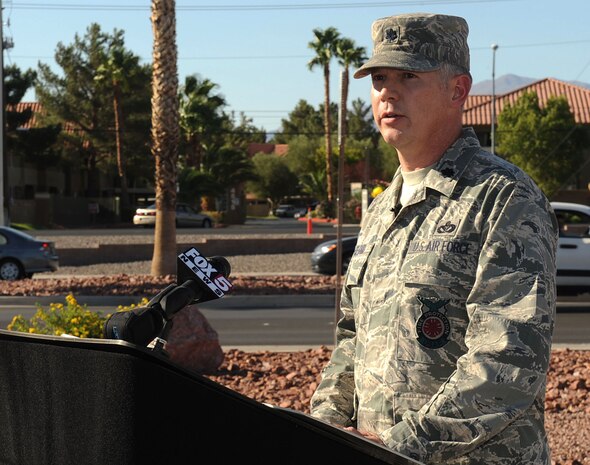 NELLIS AIR FORCE BASE, Nev.--Lt. Col. Mark McCloud, commander, 99th Civil Engineer Squadron, briefs local media on the loss of a Nellis Air Force Base explosive ordnance disposal team member Sept. 22, 2010.  Senior Airman Michael J. Buras of Fitzgerald, Ga., died Sept. 21 of wounds suffered during an improvised explosive device detonation in Kandahar, Afghanistan.  He was 23 years old and a Purple Heart recipient from a previous deployment.  Two additional 99th CES Airmen were also injured during the incident and are receiving medical care in the area of operations. (U.S. Air Force photo by Senior Airman Brian Ybarbo/RELEASED) 