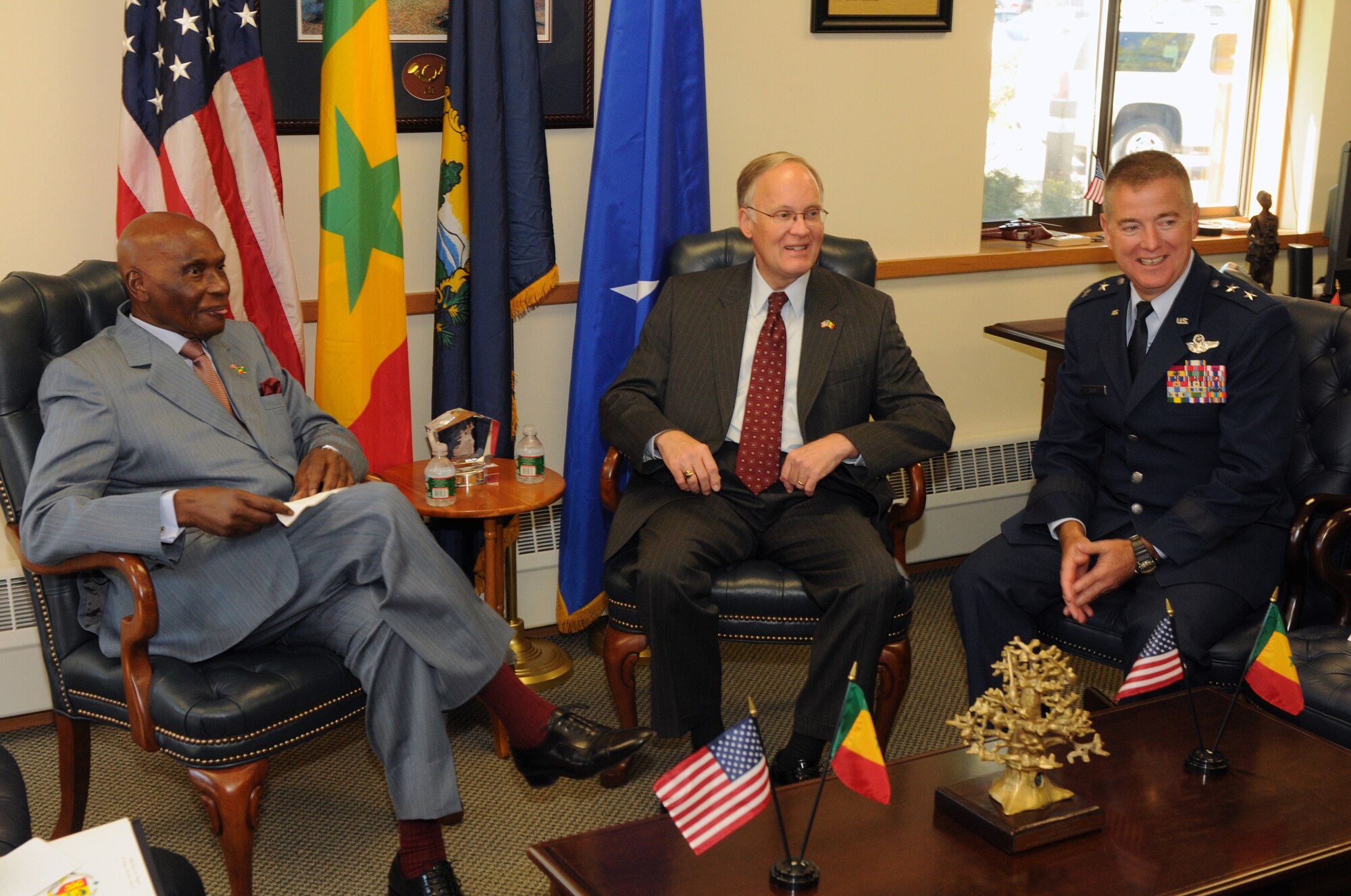 President Abdoulaye Wade of Senegal, Vermont Governor Jim Douglas and Maj. Gen. Michael Dubie, the adjutant general of the Vermont National Guard, met Sept. 20, 2010, at Camp Johnson, headquarters of the Vermont National Guard, in Colchester, Vt.  The president was visiting as part of the National Guard State Partnership Program. (U.S. Army photo/Staff Sgt. Jim Greenhill)