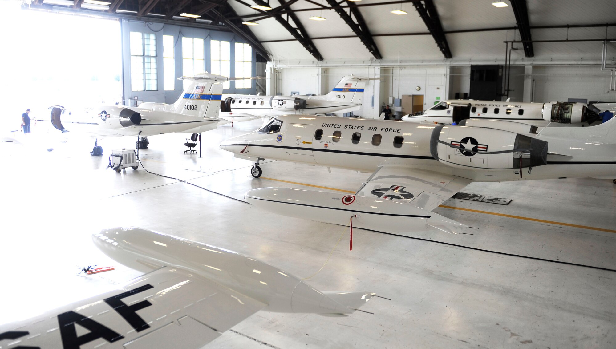 SCOTT AIR FORCE BASE, Ill. -- C-21’s queue for inspection inside Hangar 3 at Scott AFB, Sept. 16, 2010.  The C-21 is a twin turbofan engine aircraft used for cargo and passenger airlift. (U.S. Air Force photo by Staff Sgt. Ryan Crane)