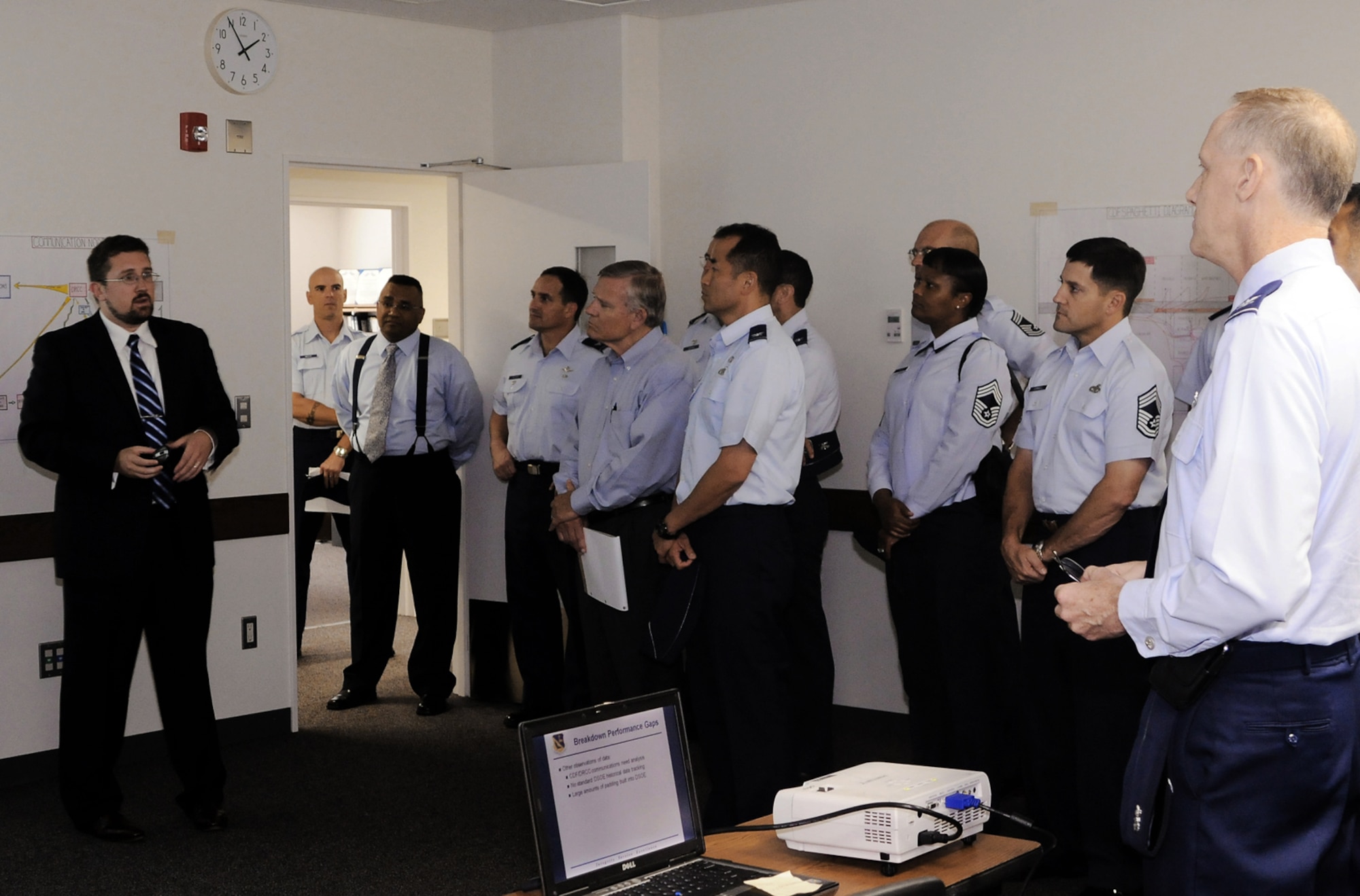 Jon Albaugh gives a presentation to leaders from both Kadena and Yokota air bases during the senior leader's course for Air Force Smart Operations for the 21st Century Sept. 20, 2010, at Yakota Air Base, Japan. Mr. Albaugh is the 374th Airlift Wing AFSO21 director. (U.S. Air Force photo/Airman 1st Class Katrina R. Menchaca) 