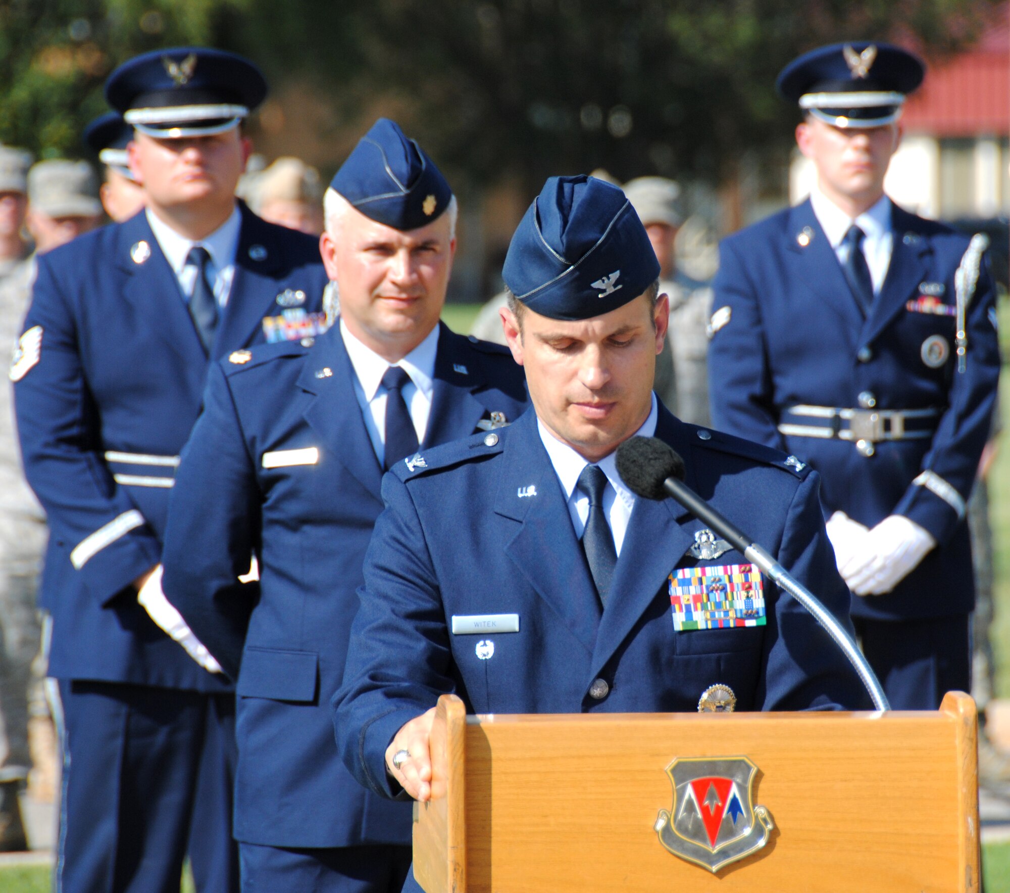 Col. Roger Witek, the 71st Flying Training Wing vice commander, speaks about the sacrifices made by prisoners of war and servicemembers who are missing in action at the POW/MIA ceremony Sept. 17 here. The ceremony honored some of the nation’s most respected heroes. More than 200,000 American soldiers have been listed as a POW or MIA since World War I.