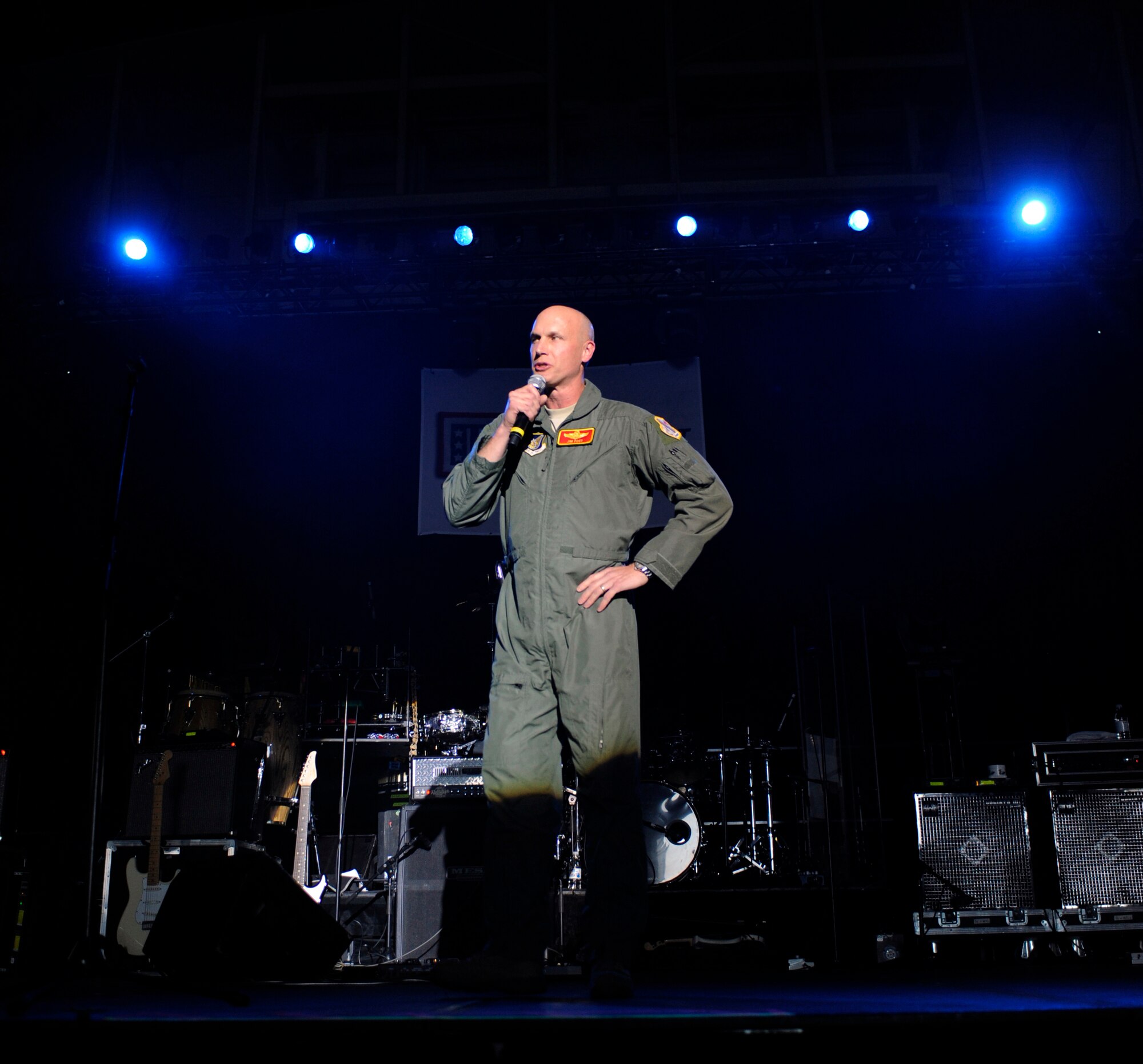 Brig. Gen. James Post says a few words before a USO Show Sept. 18, 2010, Eielson Air Force Base, Alaska. Mr. Sinise and the Lt. Dan Band play USO Shows all around the country. General Post is Commander of the 354th Fighter Wing. (U.S. Air Force photo/Senior Airman Willard E. Grande II)