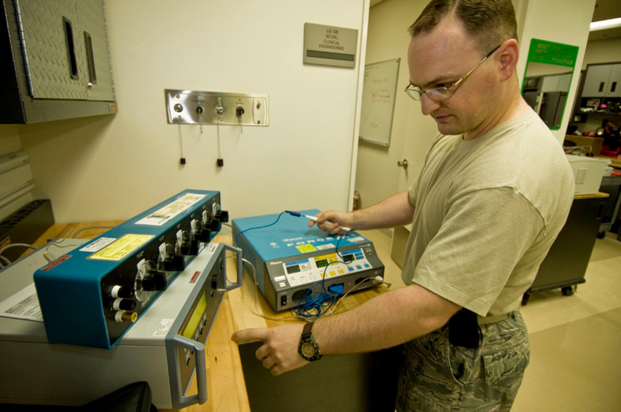 Staff Sgt. Ryan Flynn, 35th Medical Support Squadron biomedical equipment technician, tests the output currency of an electric surgical scalpel, Sept. 21, 2010, at the Misawa Air Base, Japan, hospital. Sergeant Flynn ensured the scalpel met proper wattage for surgeons to cleanly cut skin without burning their patients. The Martinsville, Ind., native is one of about 530 Airmen working in the BMETs career field. (U.S. Air Force photo by Senior Airman Jessica Lockoski/Released)
