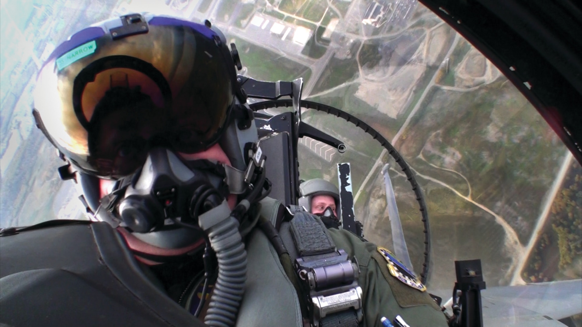 Air Force Lt. Col. Brian “Barley” Baldwin, 19th Fighter Squadron, pilots the last F-15 Eagle stationed at Joint Base Elmendorf-Richardson, an F-15D, on it’s last sortie in Alaskan airspace, Tuesday. Senior Airman Michael Cowley sits in the back seat. (Photo by Senior Airman Michael Cowley/JBER PAO)