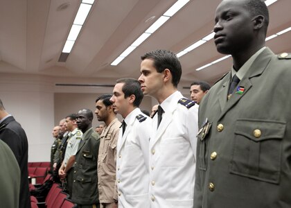 Students assemble before a graduation ceremony at the Defense Language Institute English Language Center Sept. 16. The center trains up to 3,300 students a year from 116 different countries. (U.S. Air Force photo/Robbin Cresswell)