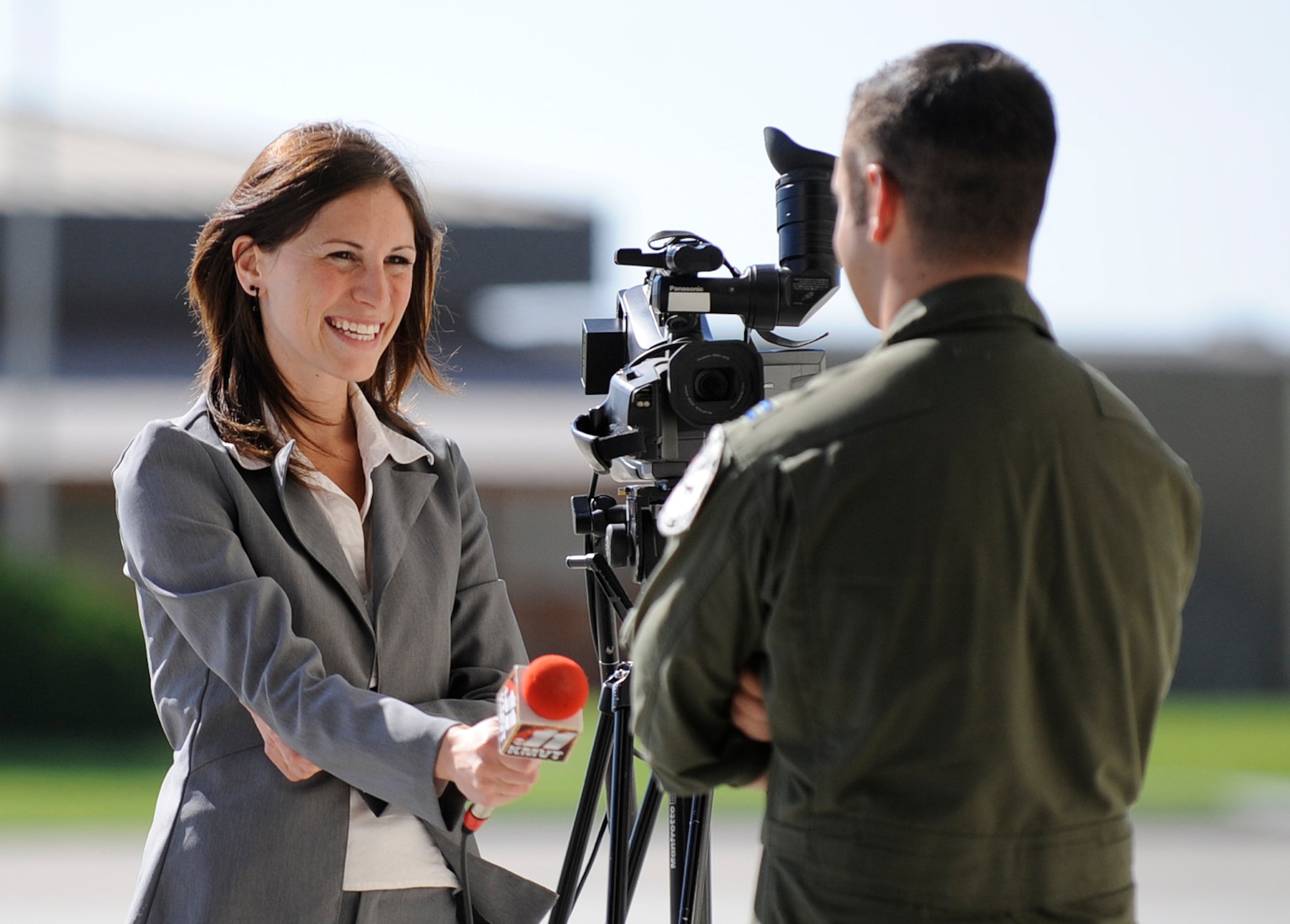 MOUNTAIN HOME AIR FORCE BASE, Idaho -- MOUNTAIN HOME AIR FORCE BASE, Idaho -- Michelle Costa, KMVT News 11 reporter, interviews Capt. Nathan Heguy, 391st Fighter Squadron scheduling officer, during media day Sept 17. The goal of media day was to strengthen relationships with local media agencies and give access to the Airmen and mission of the base. (U.S. Air Force photo by Senior Airman Renishia Richardson)