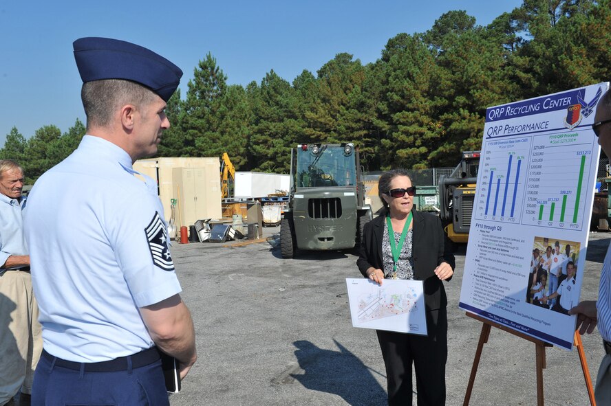 AFMC Command Chief Master Sgt. Eric Jaren gets briefed on Robins' recycling program during his visit. U. S. Air Force photo by Tommie Horton