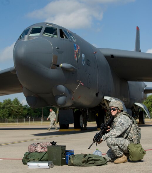 BARKSDALE AIR FORCE BASE, La. -- Senior Airman William Horner, 2nd Security Forces Squadron, provides security for a B-52 Stratofortress during a nuclear surety exercise Sept. 22. The NSE is designed to ensure Barksdale's ability to execute nuclear operations in a safe, secure and reliable manner. (U.S. Air Force photo/Senior Airman Chad Warren)