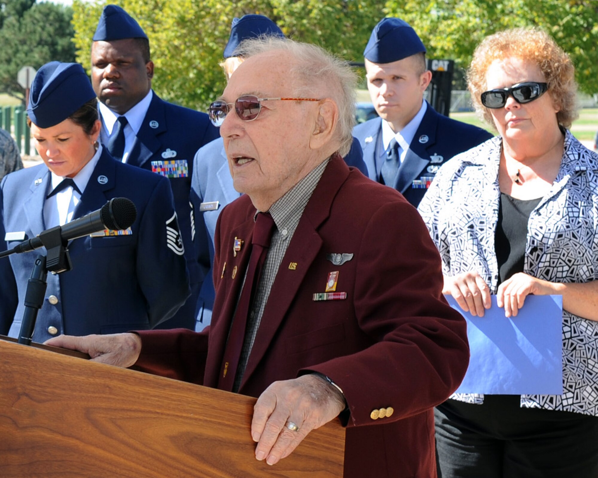 Arthur Meyers speaks during the closing ceremony of the POW/MIA vigil at the Air Reserve Personnel Center on Sept. 17. Mr. Meyers was a navigator aboard a B-24 during World War II. His aircraft was shot down behind enemy lines in Germany where he spent 13 months as a POW at Stalag Luft 1. (U.S. Air Force photo by Greg Simmonds)