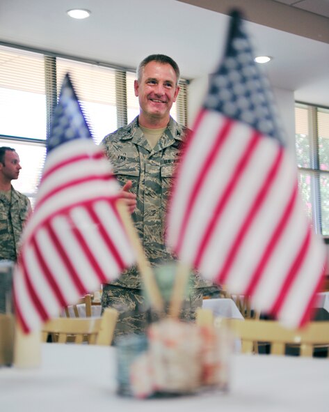 BARKSDALE AIR FORCE BASE, La. -- Col. Timothy Fay, 2nd Bomb Wing commander, speaks during the Air Force's 63rd birthday celebration at the Red River Dining Facility Sept. 17. The Air Force became a separate service branch on Sept. 18, 1947. (U.S. Air Force photo/Senior Airman Chad Warren)