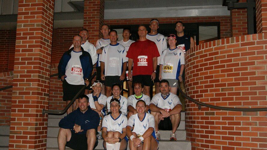 Team Seymour runners take a picture at 5:30 am the day of the Air Force Marathon in Dayton, Ohio. (USAF photo by MSgt. Wendy Lopedote, 916ARW/PA)