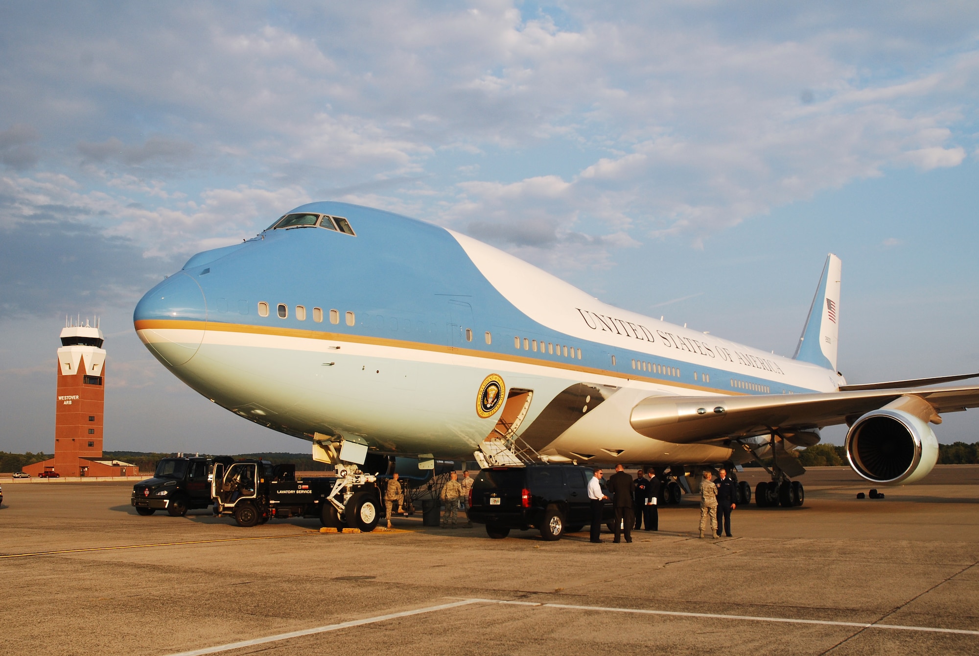 A VC-25A, known as Air Force One when the President is on board, landed at Westover September 22. The plane is one of two 747-200Bs in the Presidential air transport fleet.
