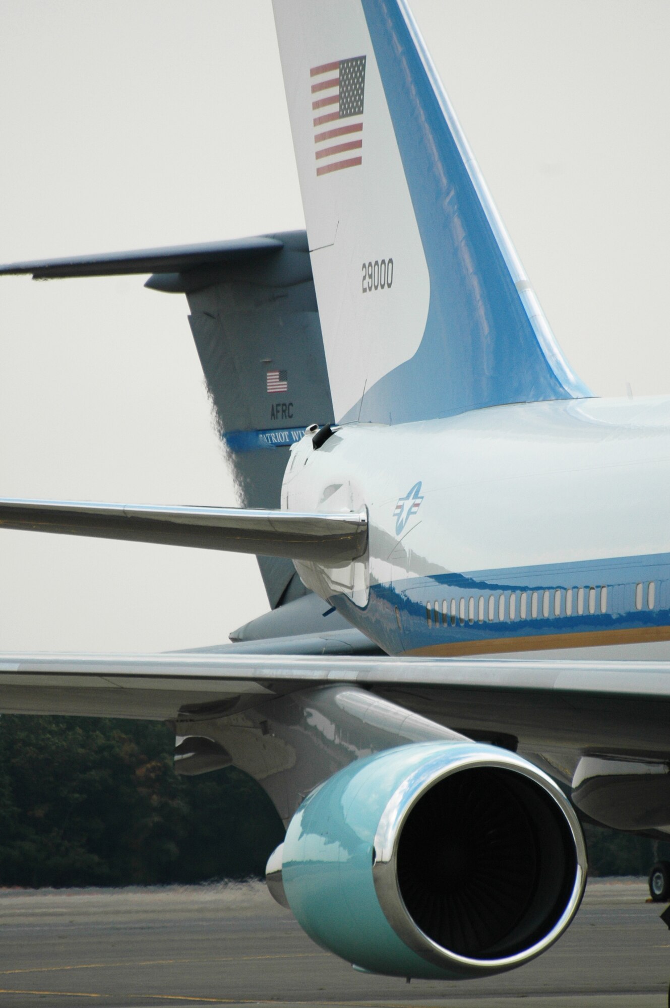 A VC-25A, known as Air Force One when the President is on board, landed at Westover September 22. The plane is one of two 747-200Bs in the Presidential air transport fleet.