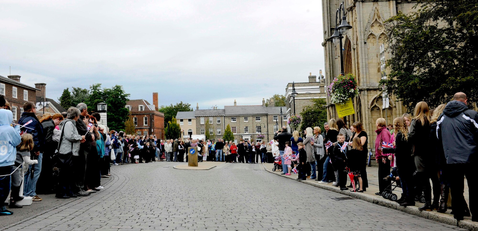 BURY ST. EDMUNDS, England -- People from local communities line up on Angel Hill to watch the Battle of Britain Parade in front of Bury St. Edmunds Cathedral Sept. 19. The parade is held every year in commemoration of the Battle of Britain that occurred during World War II. (U.S. Air Force photo/Senior Airman Ethan Morgan)