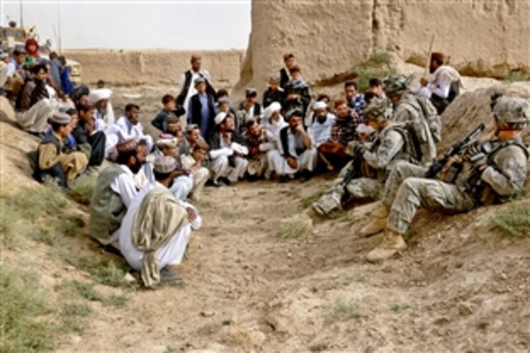 U.S. Army soldiers meet with local leaders during a presence patrol in Zabul province, Afghanistan, Sept. 13, 2010. The soldiers are assigned to the 1st Battalion, 4th Infantry Regiment.