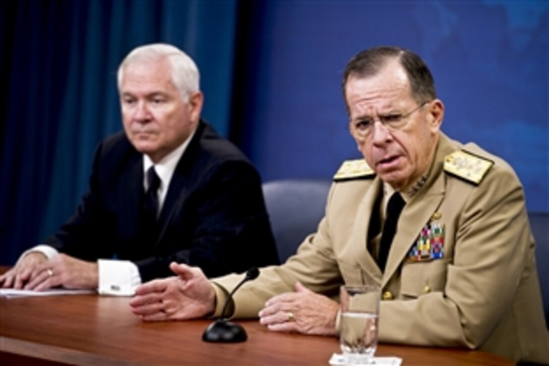 Navy Adm. Mike Mullen, chairman of the Joint Chiefs of Staff, speaks to the media during a press conference with Defense Secretary Robert M. Gates at the Pentagon, Sept. 23, 2010.








