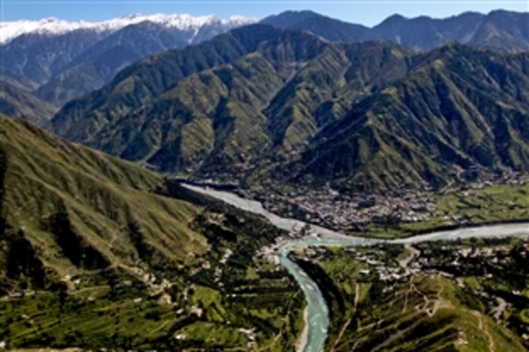 An aerial view from a U.S. Army CH-47D helicopter shows towns in the Swat valley, Pakistan, Sept. 20, 2010. U.S. Army pilots from the 16th Combat Aviation Brigade flew through the valley to deliver food and relocate families to support overall flood relief in Pakistan.