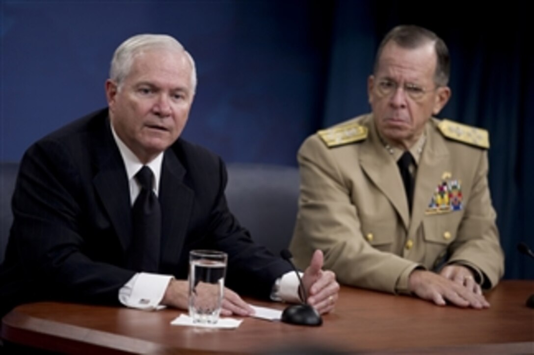 Secretary of Defense Robert M. Gates and Chairman of the Joint Chiefs of Staff Adm. Mike Mullen, U.S. Navy, address the media during a press briefing in the Pentagon on Sept. 23, 2010.  
