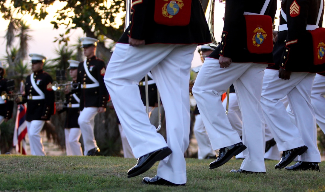 Camp Pendleton’s 1st Marine Division band performs during an evening colors ceremony at Camp Pendleton’s historic Santa Margarita Ranch House, Sept. 23. The ceremony marked the base’s 68th anniversary and was dedicated to recognize the Marines and sailors who continue to devote and risk their lives for the freedom of the United States. The band featured music such as “The Marine Corps Hymn” and “Waltzing Matilda."